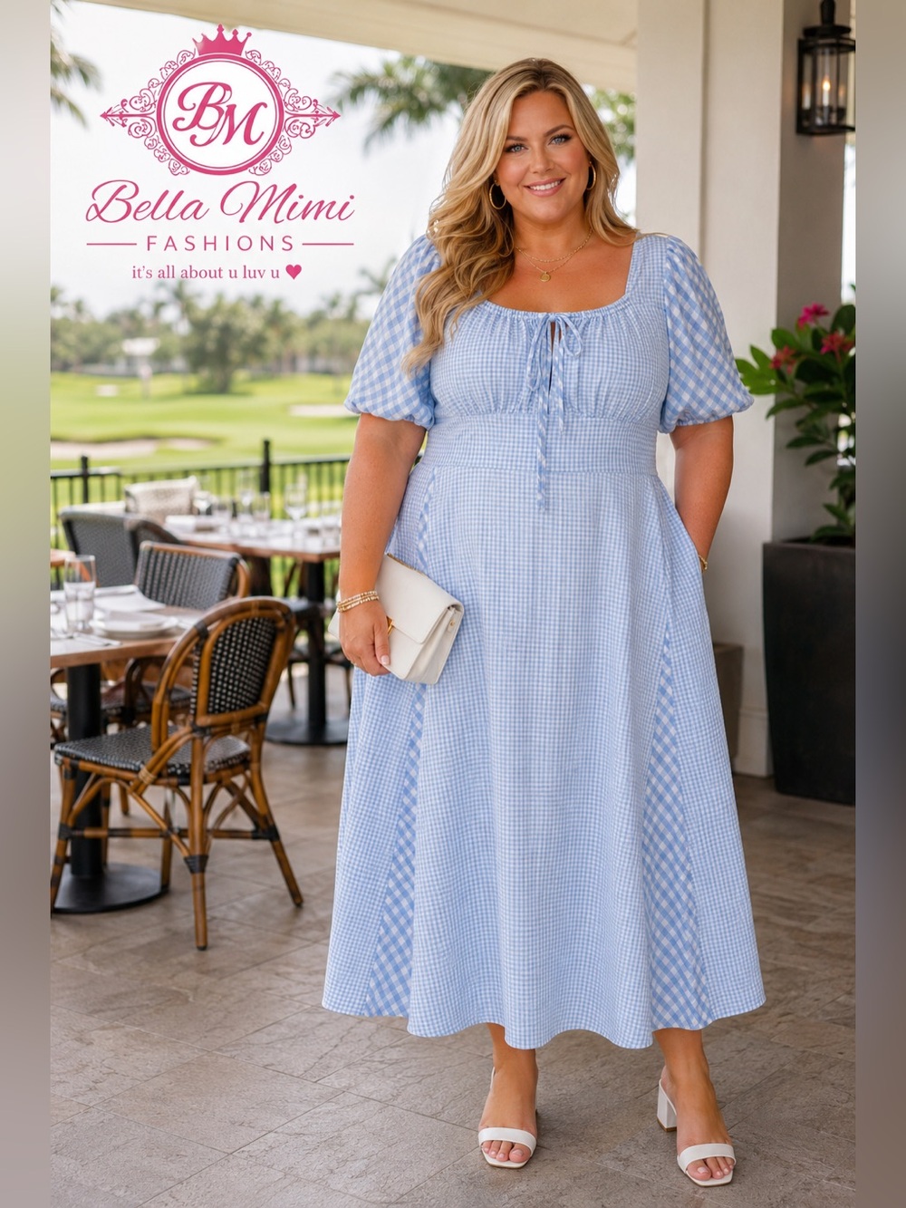 Polagram Blue & White Gingham Midi Dress – Size 3X – NWT 🩵 BRB SL 10